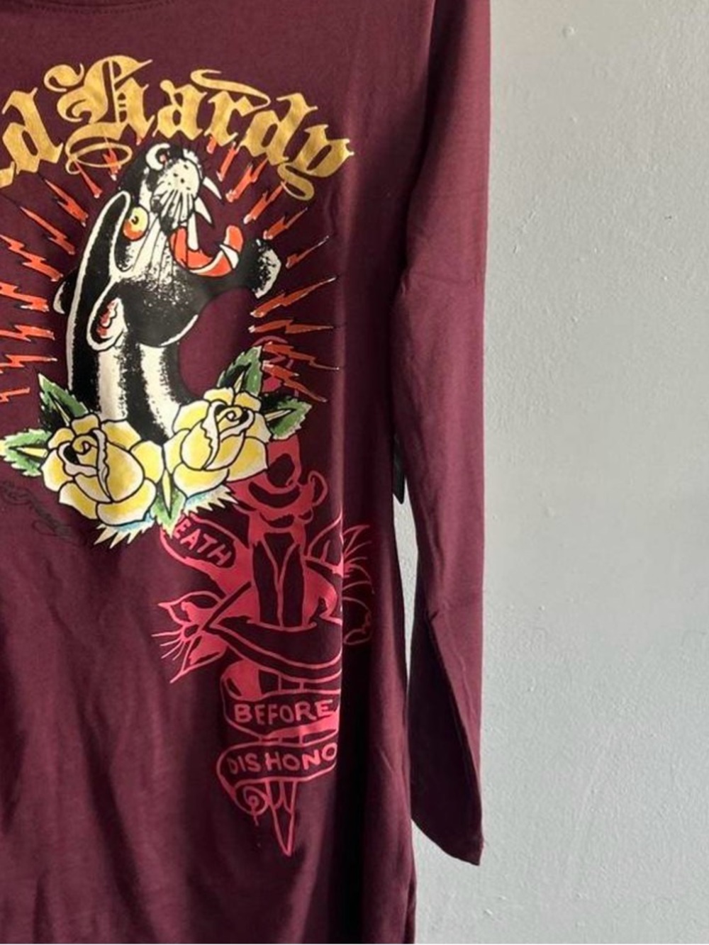 Ed Hardy Maroon Long Sleeve Graphic Tee with Yellow Roses